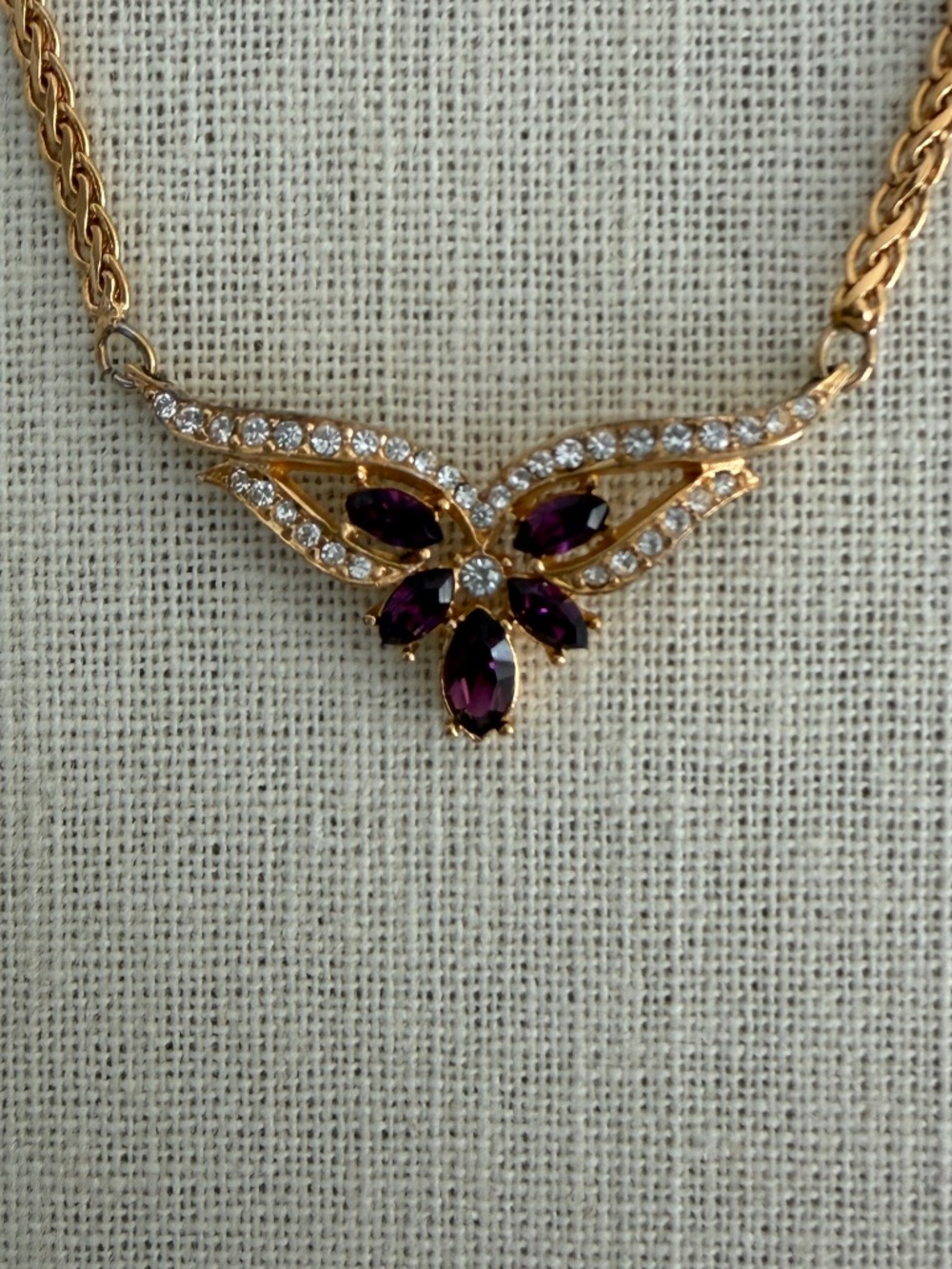 Vintage Vendôme Gold Tone Rhinestone Necklace with Purple Stones